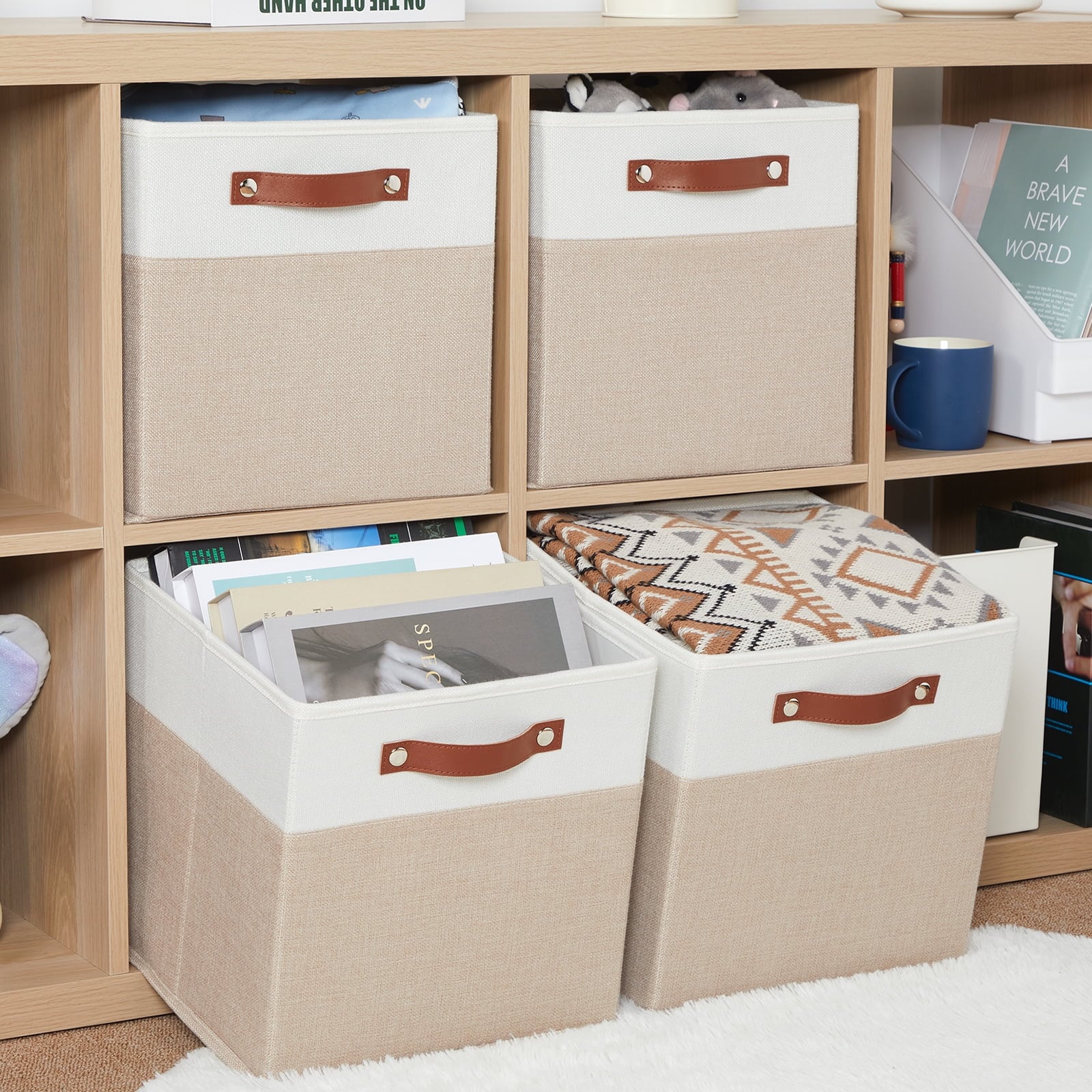 Set Of 4 Fabric Storage Cubes Decorative Shelf Baskets With Handles_voghion.com